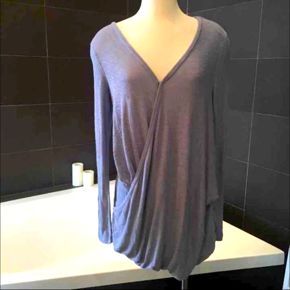 Free People Blue/Grey Sweater V Neck Long Sleeve Crossover Faux Wrap